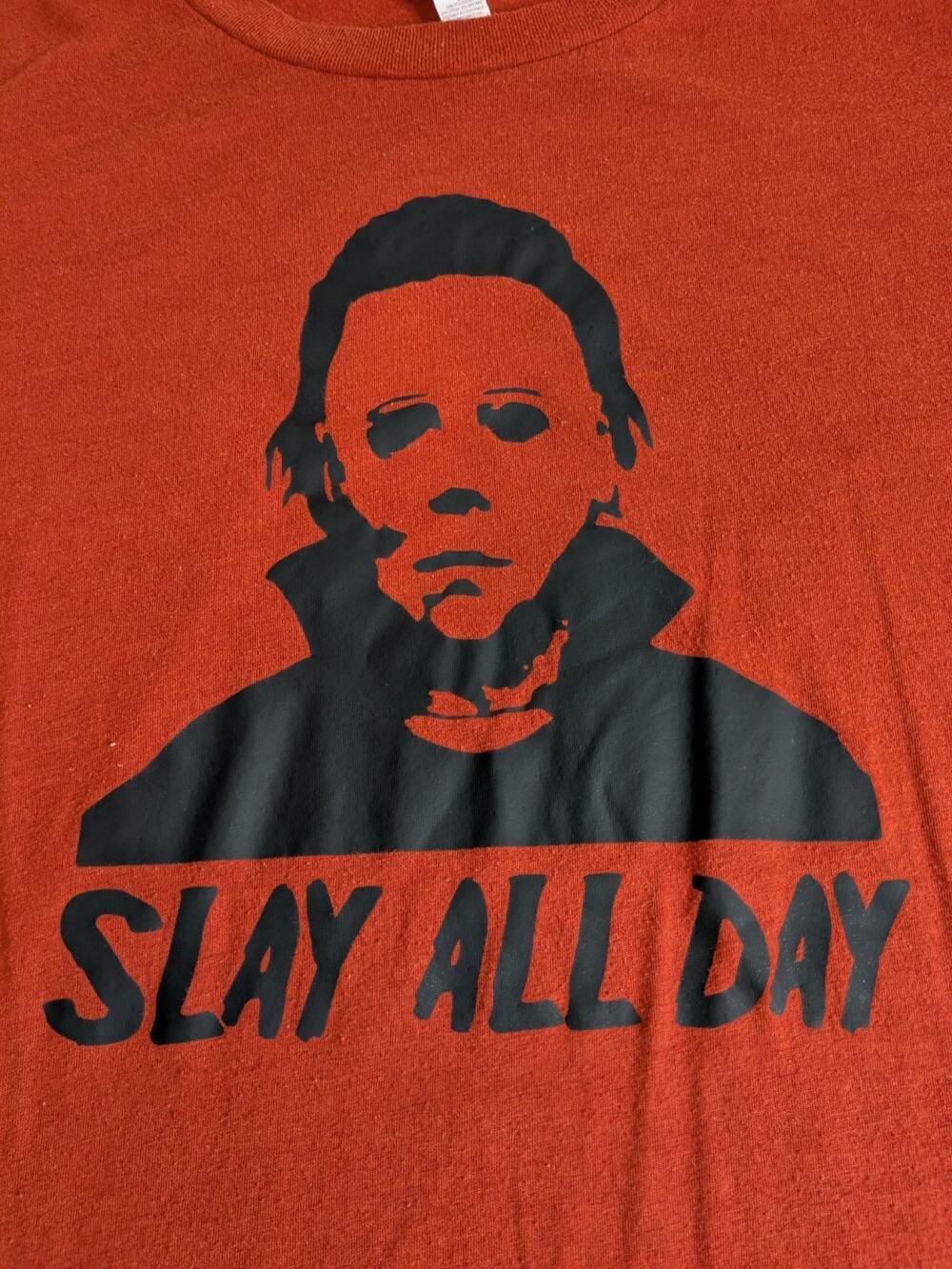 Canvas Women's Tee Shirt Sz Large Slay All Day Red Tee Halloween Michael Myers